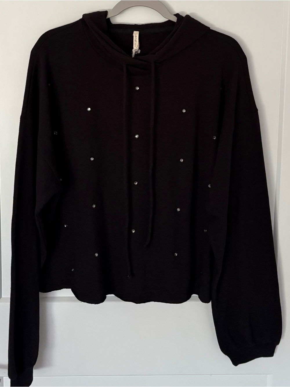 Lanston Bedazzled Cropped Hoodie Sweatshirt - Black, Size L ($180 Retail)